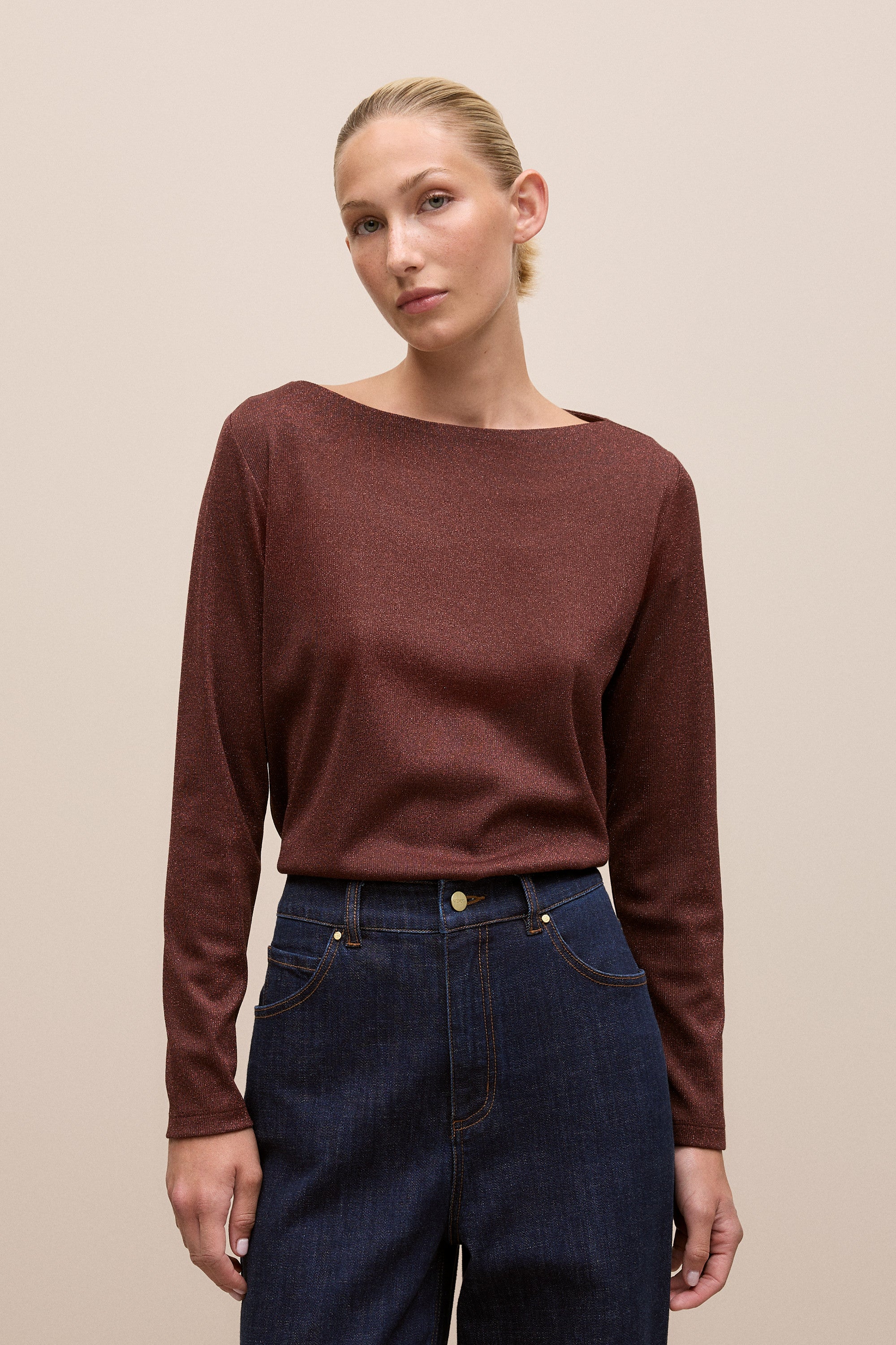 Metallic Boat Neck Long Sleeve T-Shirt – Trenery