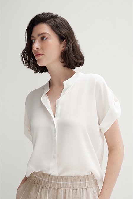 Marshmallow Silk Collarless Tab Detail Shirt - WOMEN Shirts | Trenery