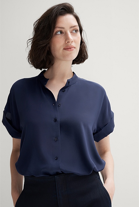 Night Sky Silk Collarless Tab Detail Shirt - WOMEN Shirts | Trenery