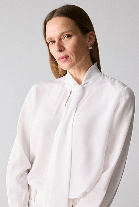 White Silk Bow Blouse - WOMEN Shirts | Trenery