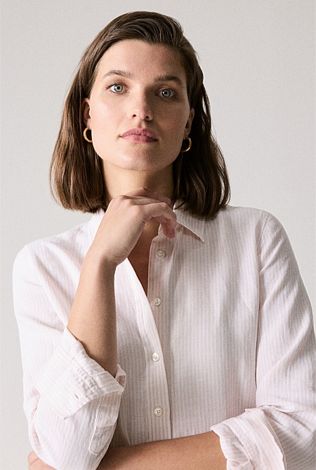 Soft Pink Yarn Dyed Linen Stripe Classic Shirt - WOMEN Shirts | Trenery