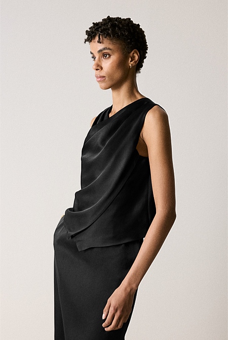 Black Satin Pleat Shoulder Shell Top - WOMEN Shirts | Trenery