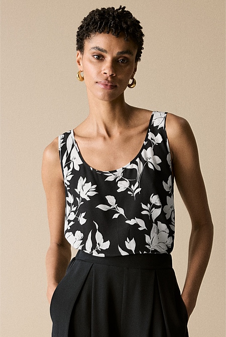 Black Silk Contrast Floral Tank - WOMEN Shirts | Trenery