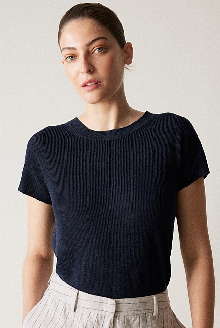 Night Sky Linen Blend Knit T-Shirt - WOMEN T-Shirts & Tops | Trenery