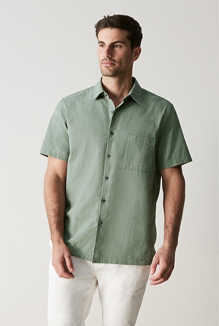 Khaki Green Cotton Seersucker Short Sleeve Shirt - MEN Best Sellers ...