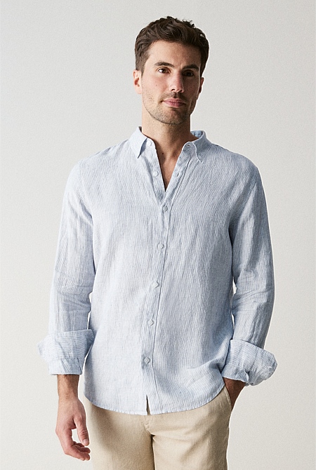 Navy Regular Fit Yarn Dyed Linen Fine Stripe Shirt - MEN Shirts | Trenery