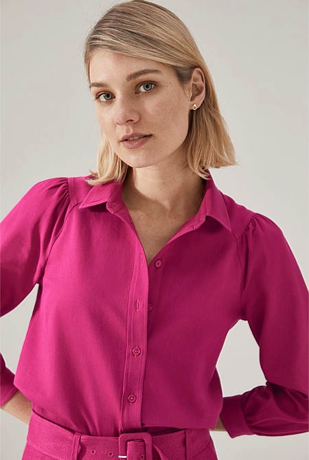 Raspberry Pink Cotton Pleat Sleeve Shirt - WOMEN Shirts | Trenery