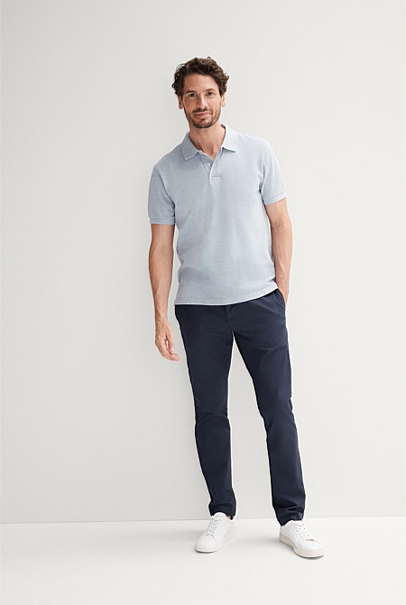 Washed Blue Cotton Pique Marle Polo - MEN T-Shirts | Trenery