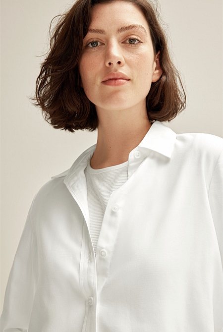White Cotton Modal Longline Shirt - WOMEN Shirts | Trenery