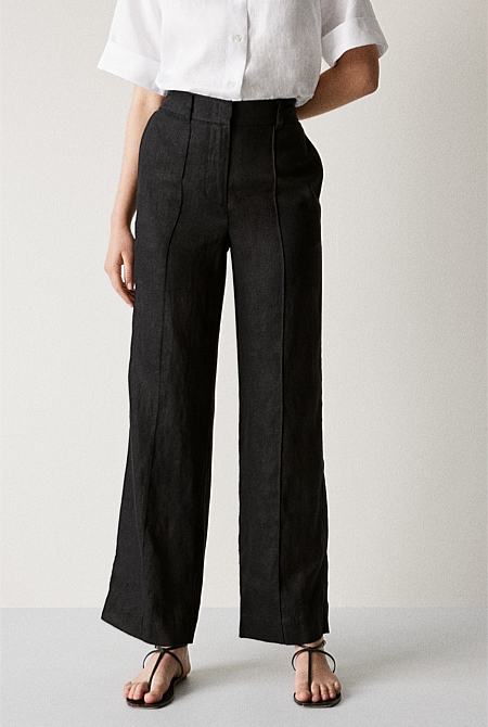 Black Linen Pintuck Detail Wide Leg Pant - WOMEN Pants | Trenery