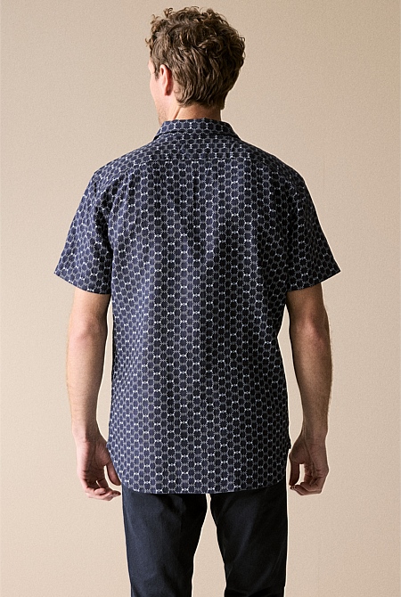 Navy Regular Fit Linen Honeycomb Geo Shirt - MEN Shirts | Trenery