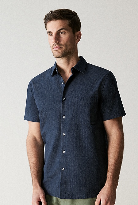 Navy Cotton Seersucker Short Sleeve Shirt - MEN Shirts | Trenery
