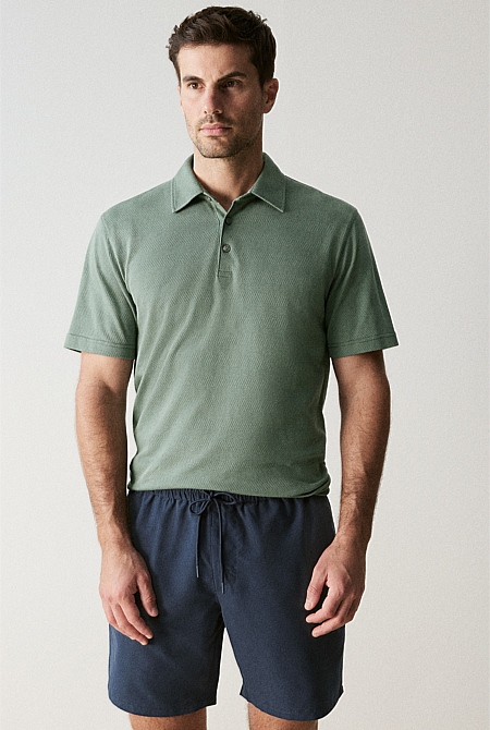 Light Green Cotton Herringbone Jacquard Polo - MEN T-Shirts | Trenery