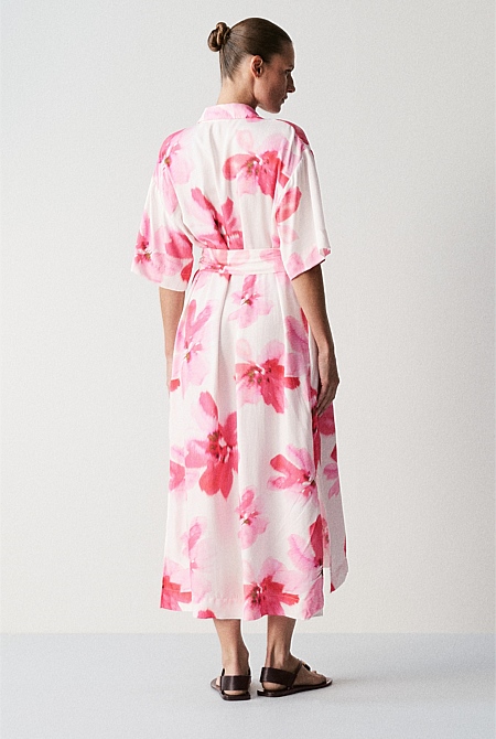 Vivid Pink Modal Floral Relaxed Shirt Dress - WOMEN Best Sellers | Trenery