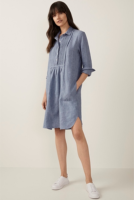 Storm Grey Delave Linen Bib Shirt Dress - WOMEN Dresses | Trenery