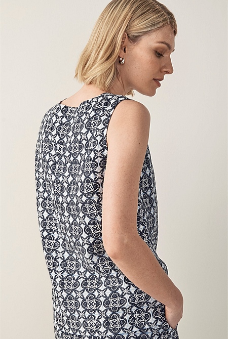 French Navy Folkloric Floral Shell Top - WOMEN Shirts | Trenery