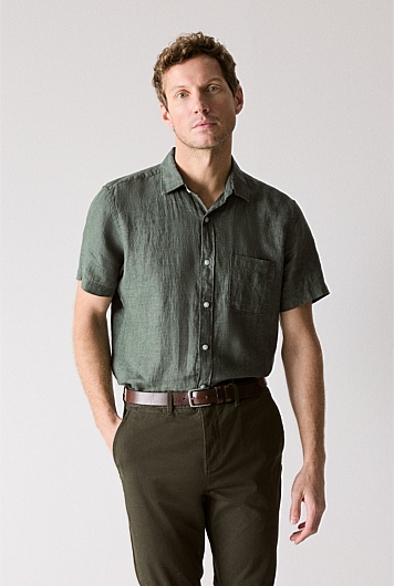 Dark Green Regular Fit Delave Linen Short Sleeve Shirt - MEN Best ...