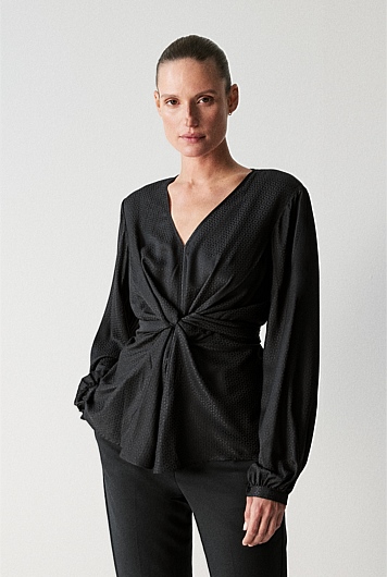 Black Viscose Silk Jacquard Twist Front Blouse - WOMEN Shirts | Trenery