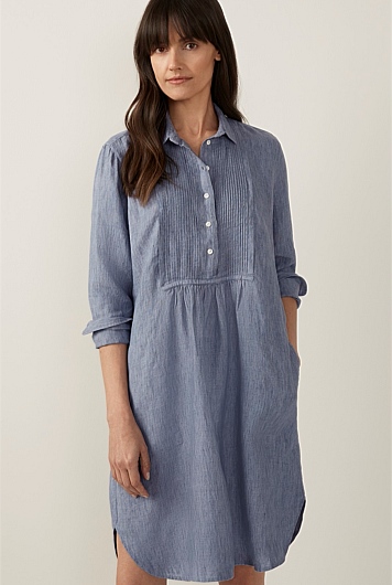 Storm Grey Delave Linen Bib Shirt Dress - WOMEN Dresses | Trenery