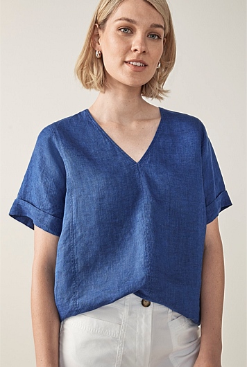 Venice Blue Delave Linen Seam Front Top - WOMEN Shirts | Trenery