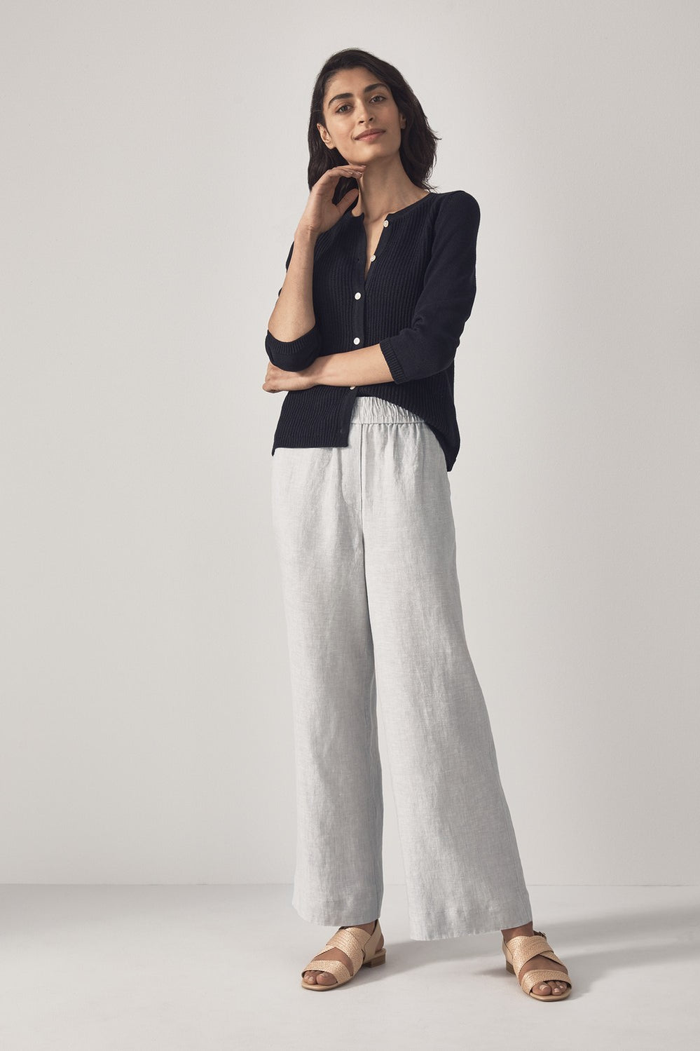 Yarn Dyed Linen Wide Leg Pull On Pant