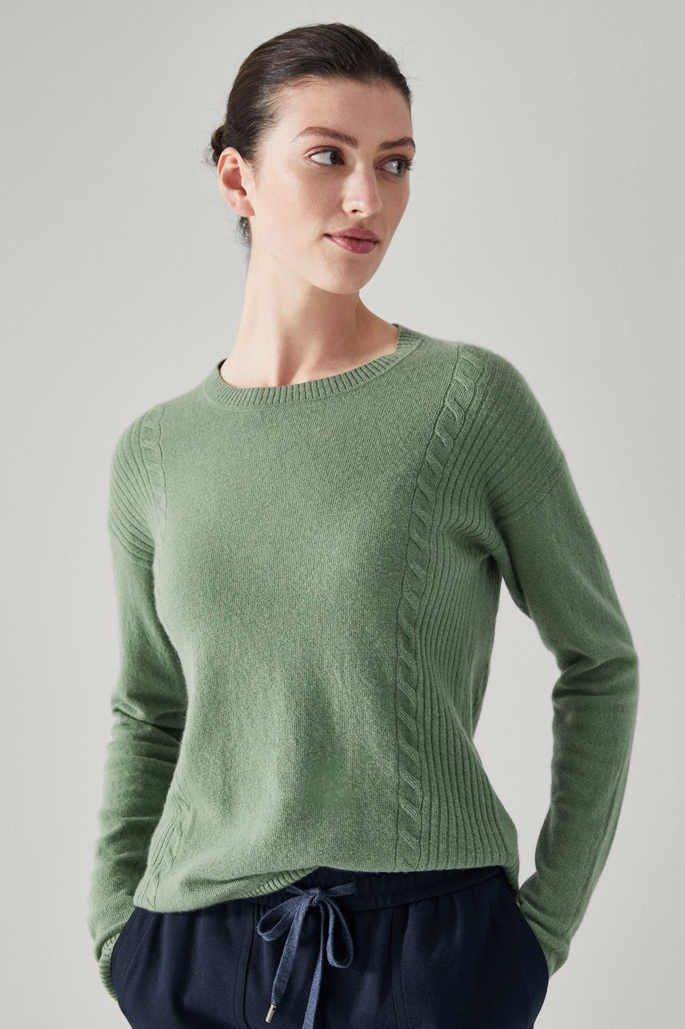 Merino Cashmere Cable Detail Crewneck