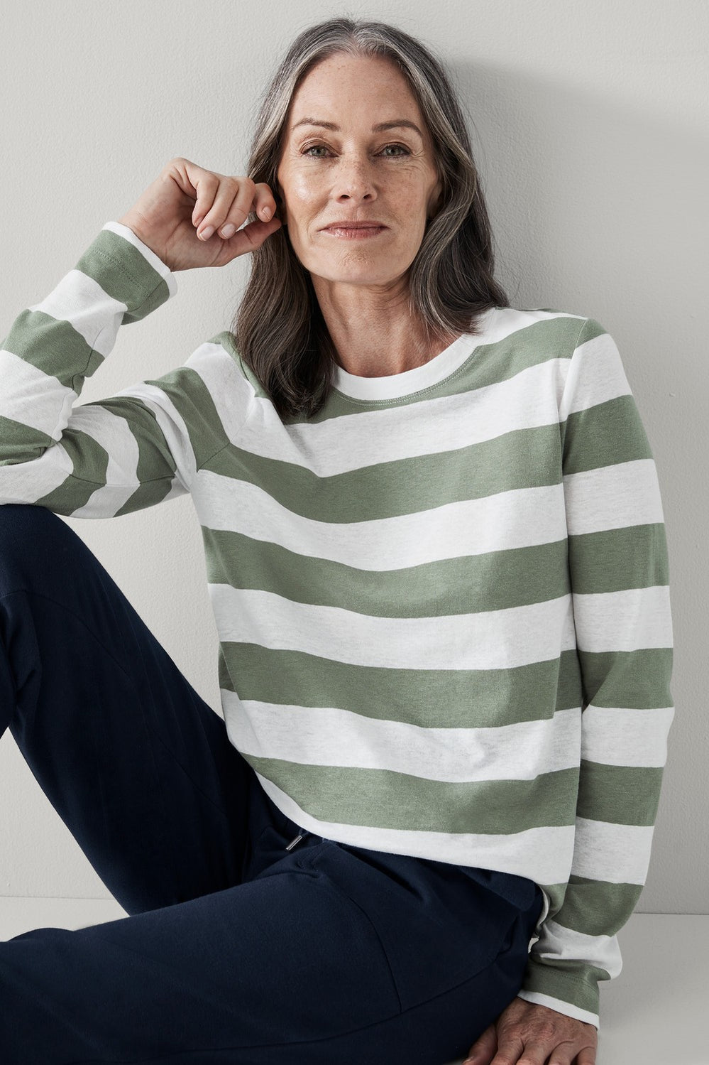 Linen Cotton Bold Stripe Long Sleeve T-Shirt