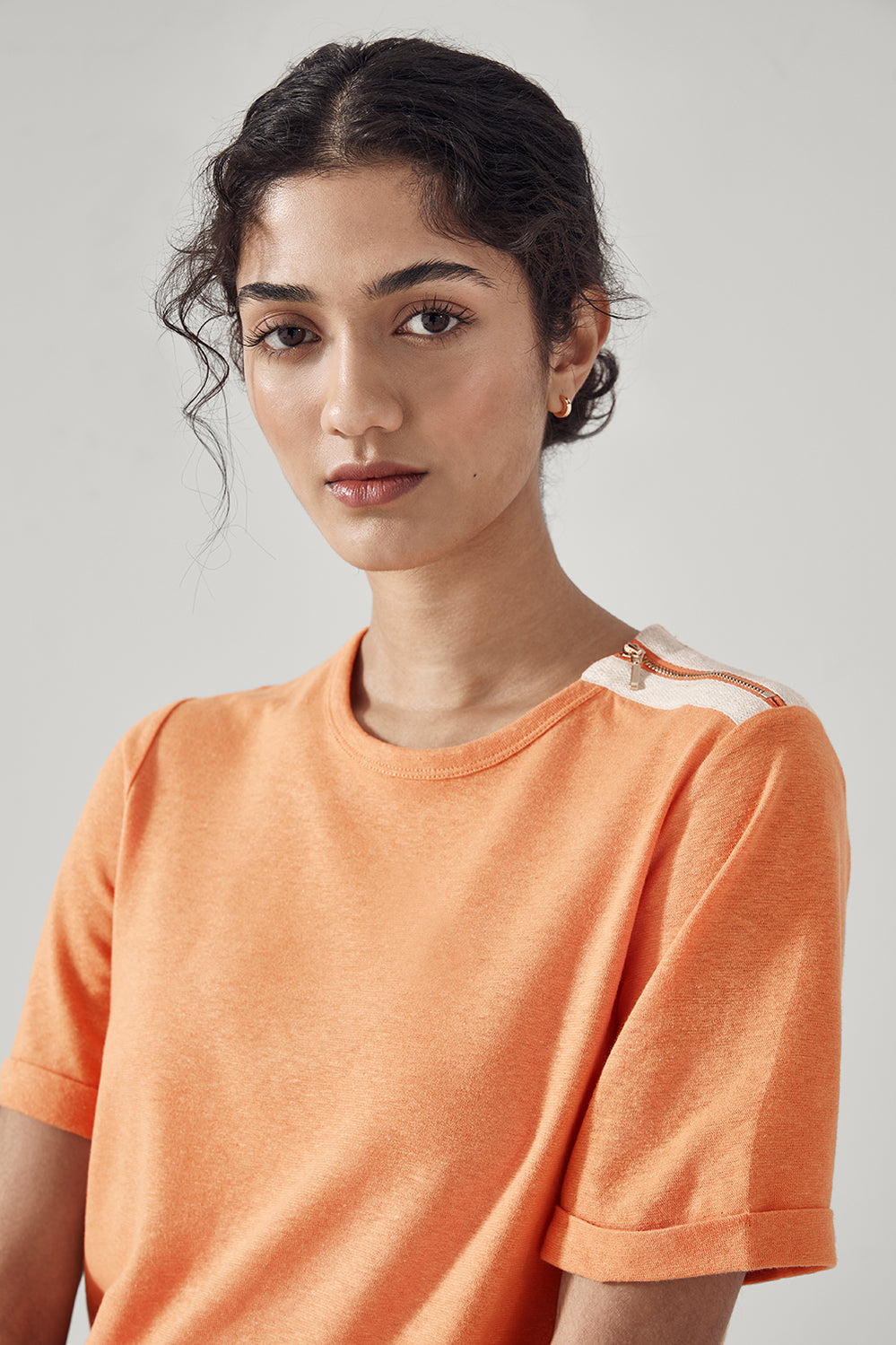 Linen Cotton Zip Detail T-Shirt