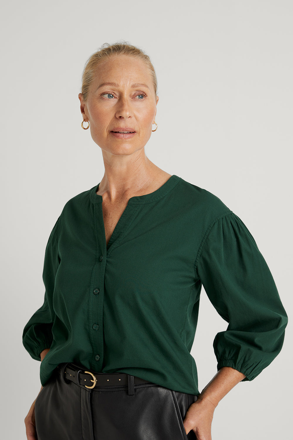 Yarn Dyed Cotton Dobby Button Through Blouse