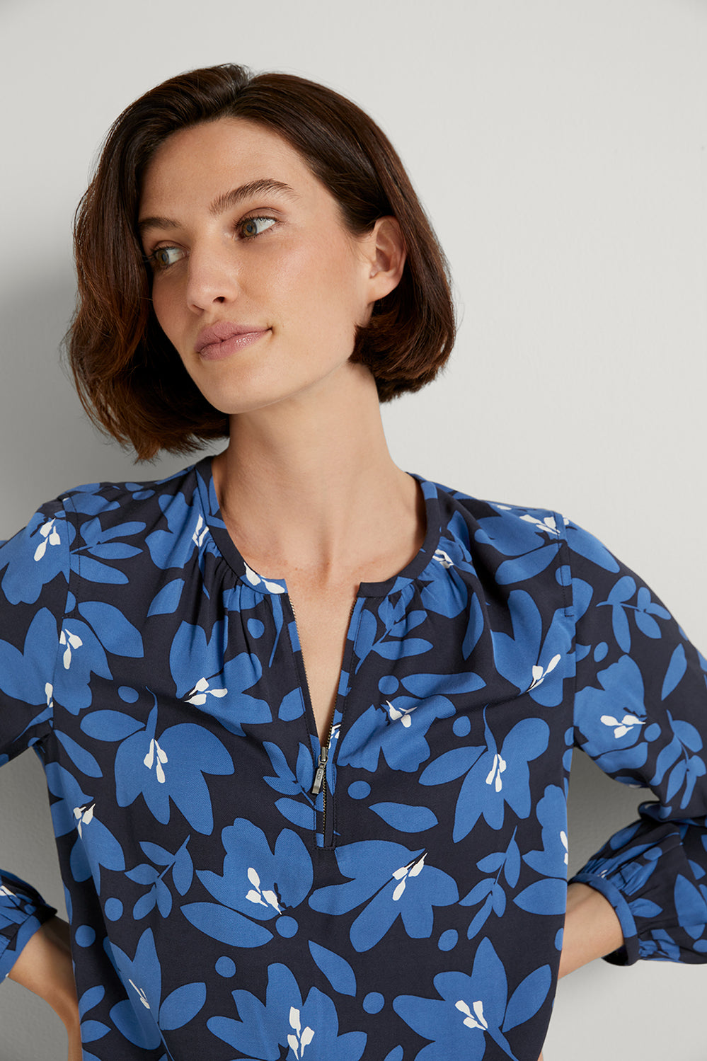 Floating Floral Zip Detail Blouse
