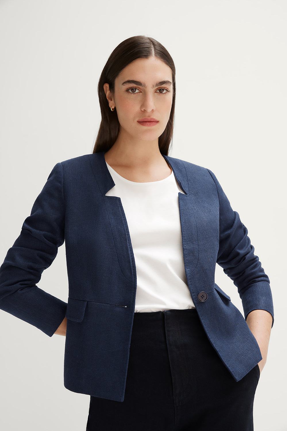 Linen Cotton Herringbone Notch Collar Jacket