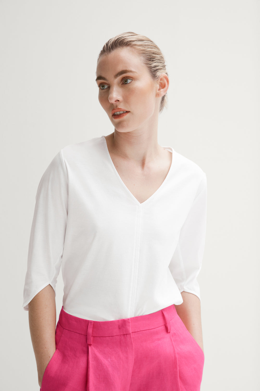 Cotton Interlock Vent Sleeve V Neck T-Shirt