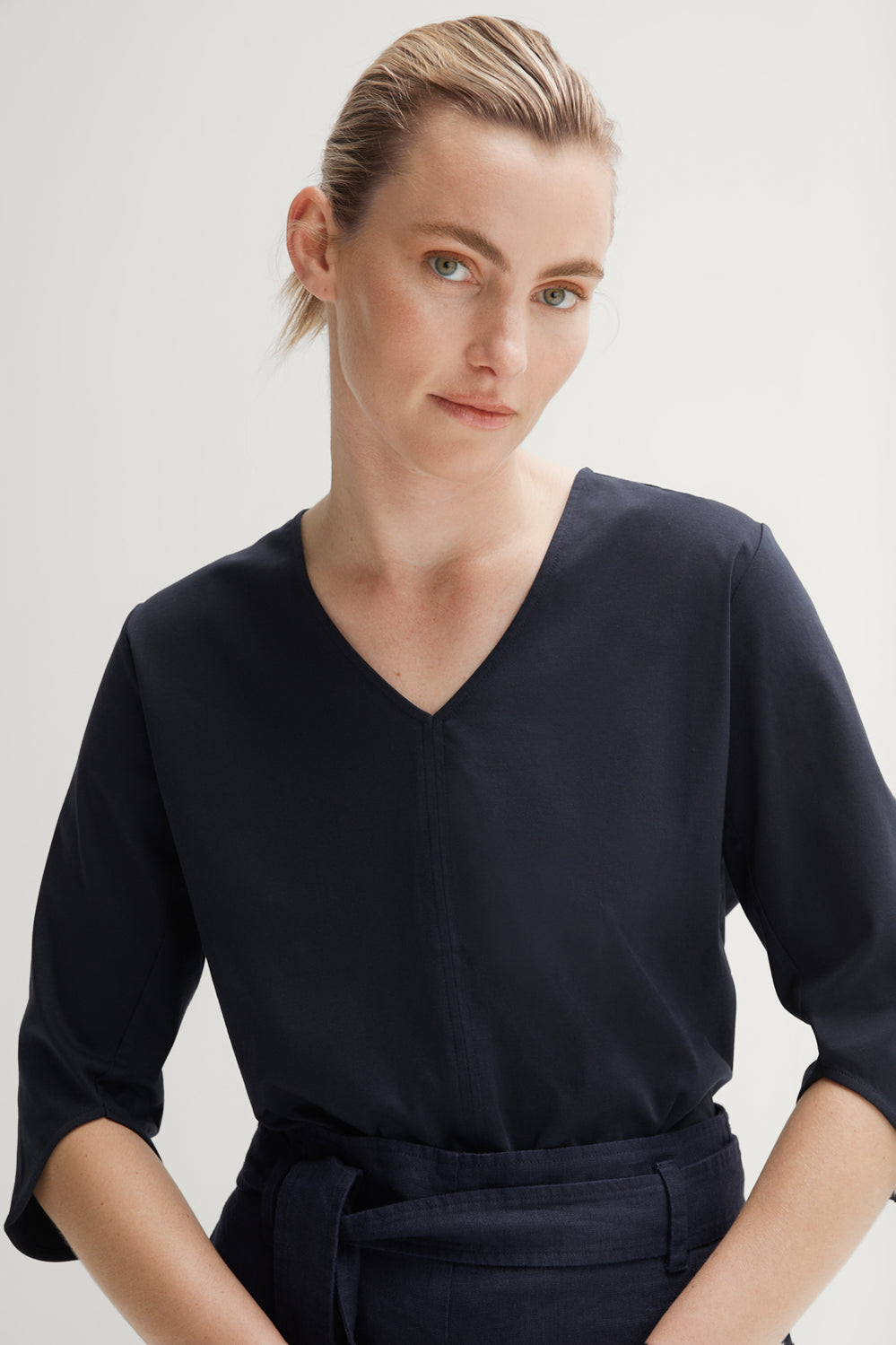 Cotton Interlock Vent Sleeve V Neck T-Shirt