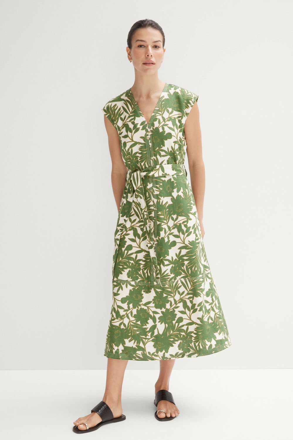 Linen Canopy Print V Neck Dress