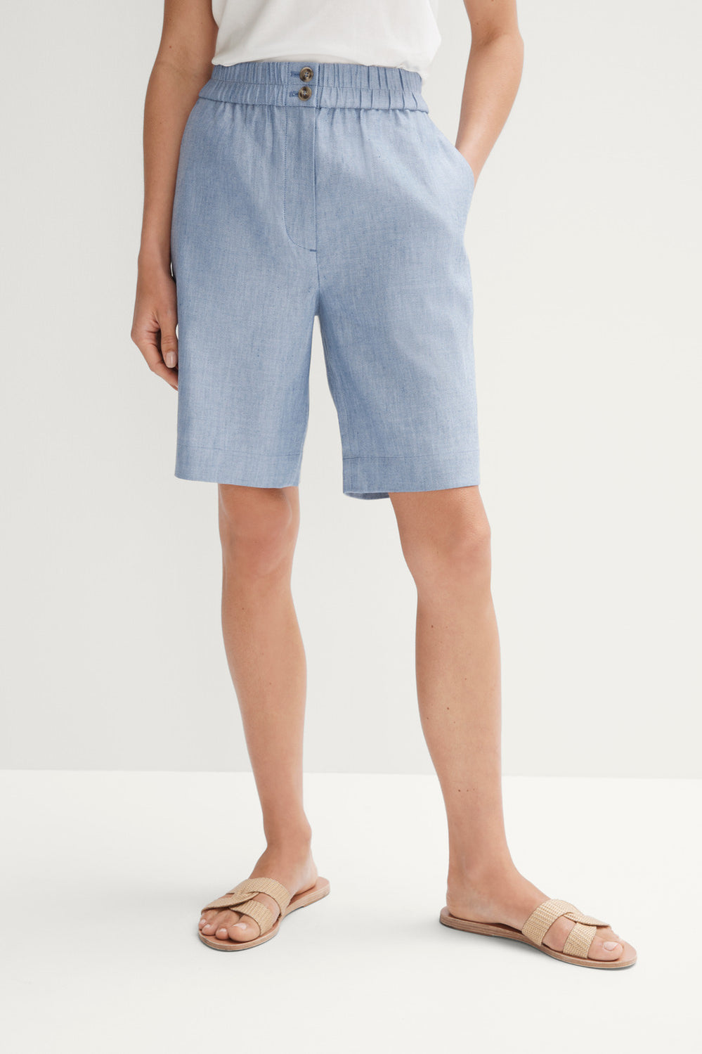 Stretch Linen Yarn Dyed Elastic Waist Short