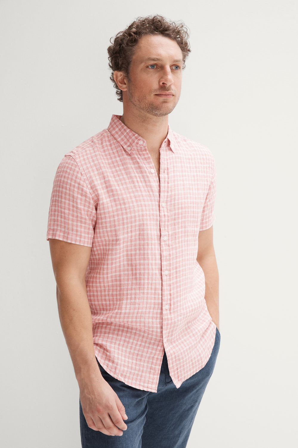 Regular Fit Linen Delave Grid Short Sleeve Shirt