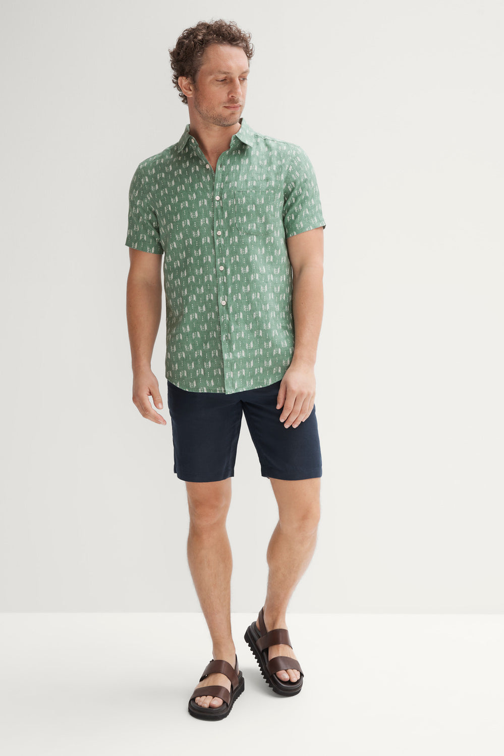 Regular Fit Linen Delave Ikat Print Short Sleeve Shirt