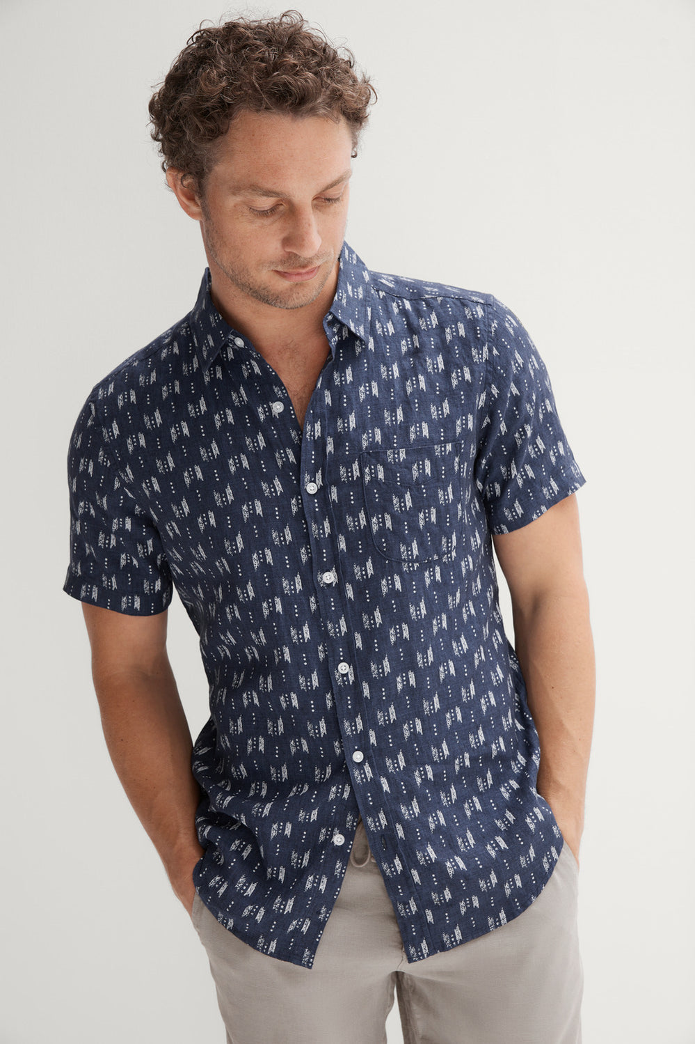Regular Fit Linen Delave Ikat Print Short Sleeve Shirt
