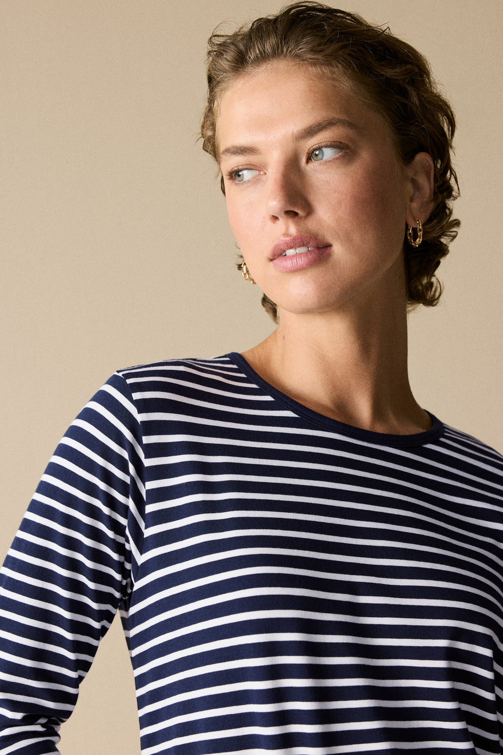 Cotton Stripe 3/4 Sleeve T-Shirt
