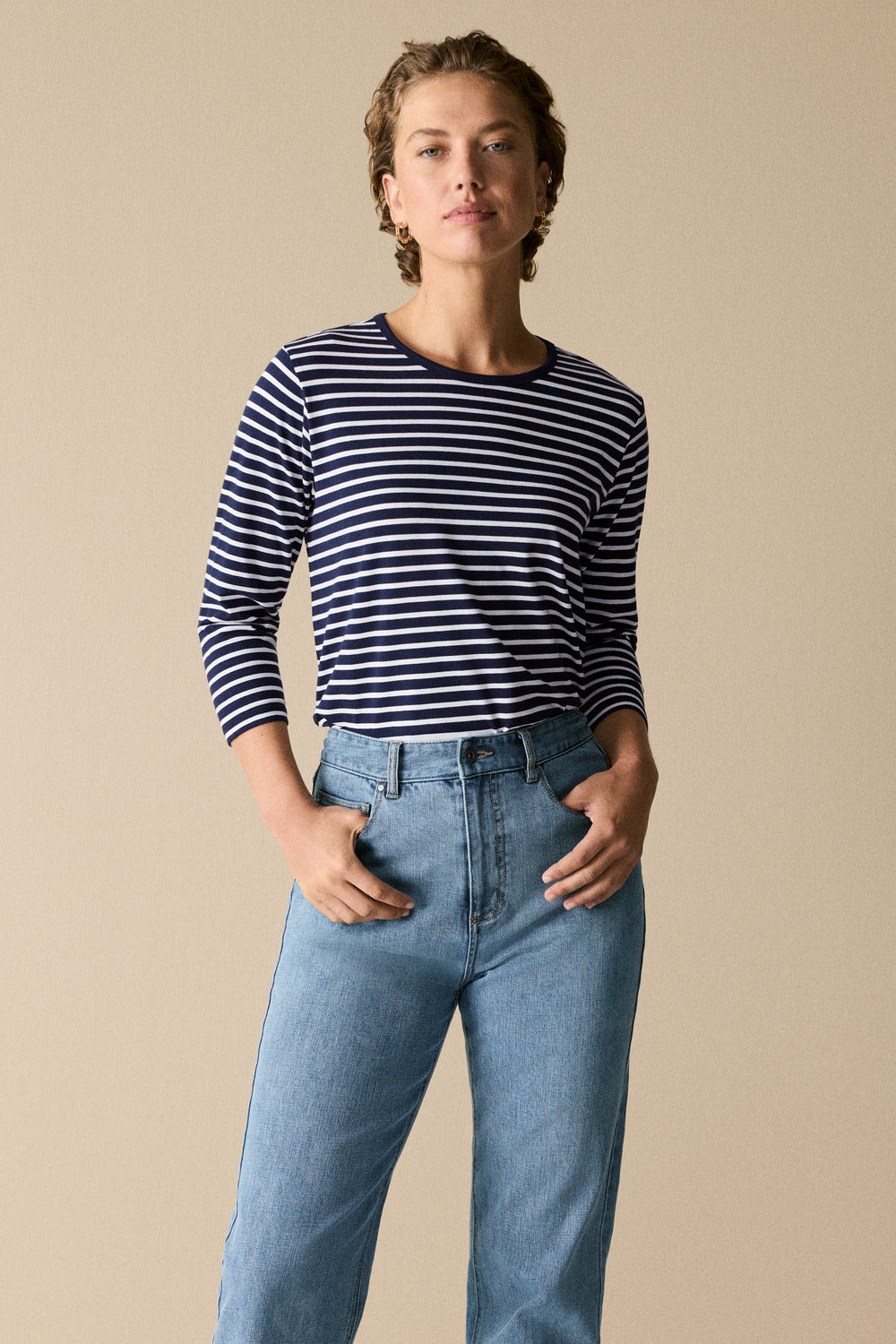 Cotton Stripe 3/4 Sleeve T-Shirt