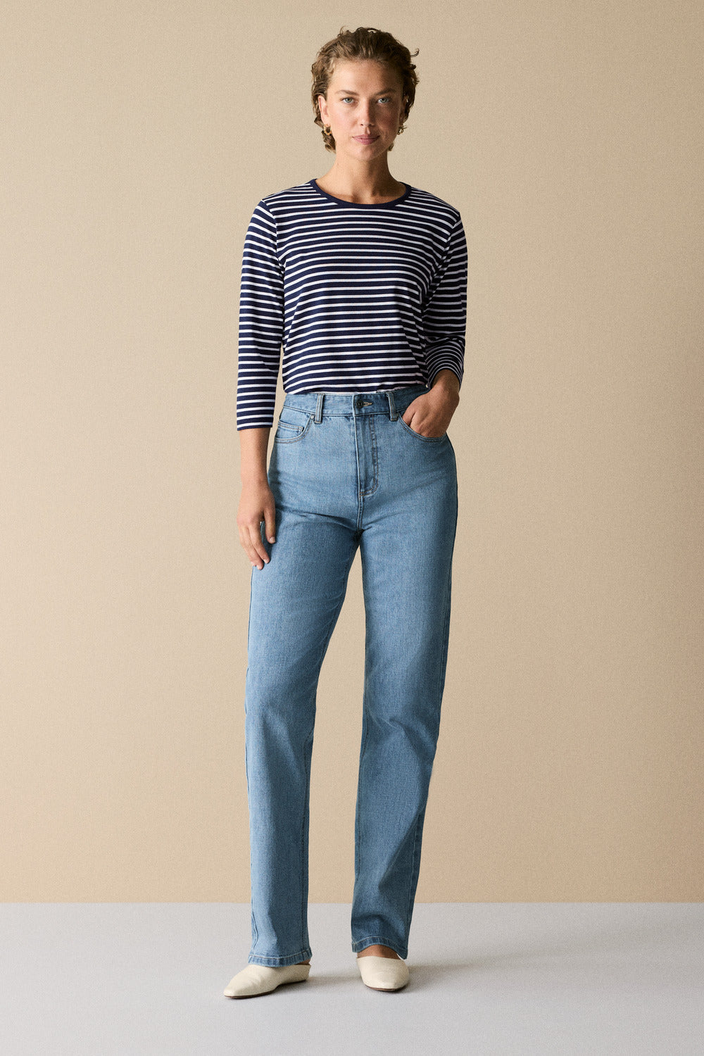 Cotton Stripe 3/4 Sleeve T-Shirt