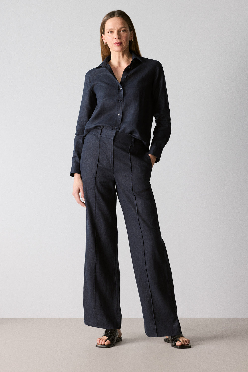 Linen Pintuck Detail Wide Leg Pant