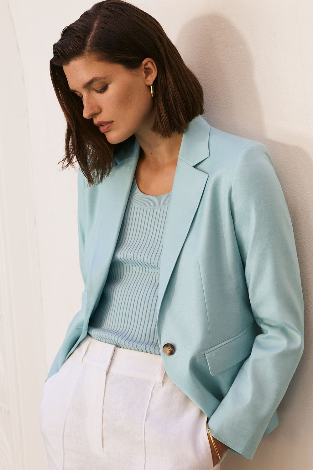 Stretch Linen Blend Single Breasted Blazer