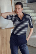 Cotton Cashmere Blend Rib Knit Stripe Polo