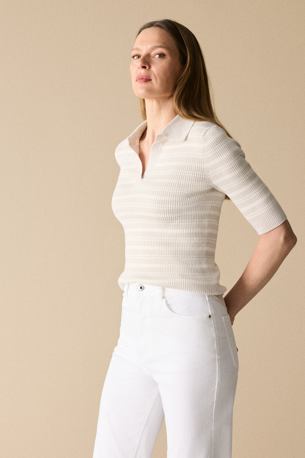 Cotton Cashmere Blend Rib Knit Stripe Polo