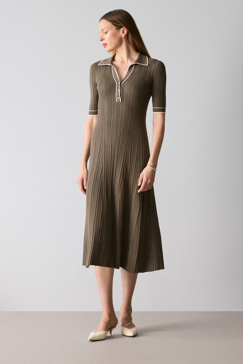 Cotton Cashmere Blend Rib Knit Polo Dress