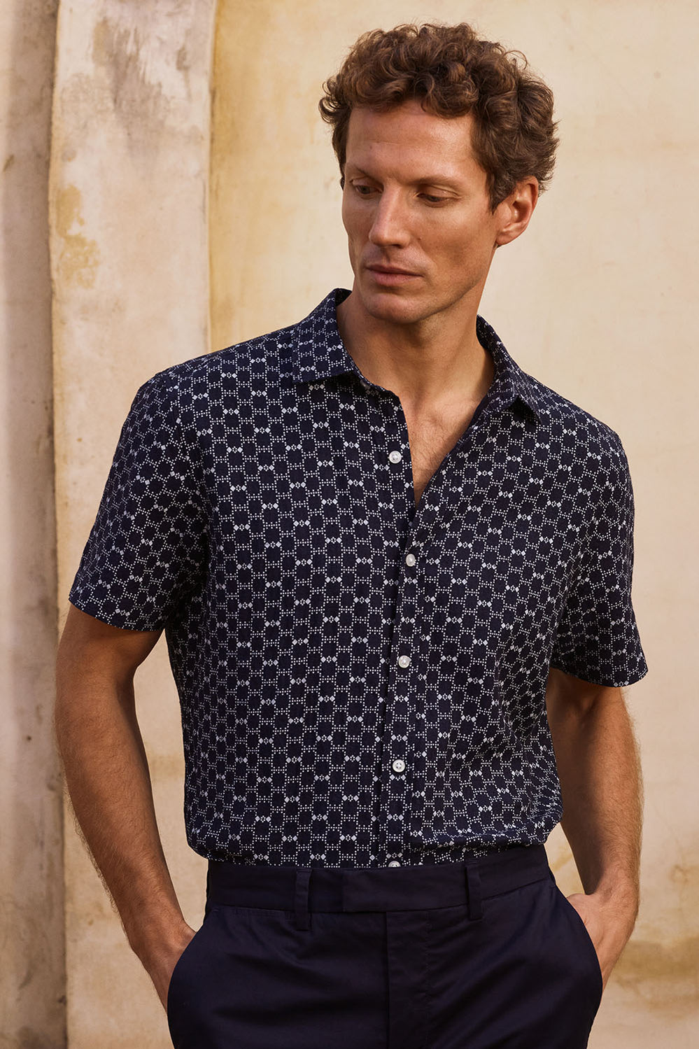 Regular Fit Linen Honeycomb Geo Shirt
