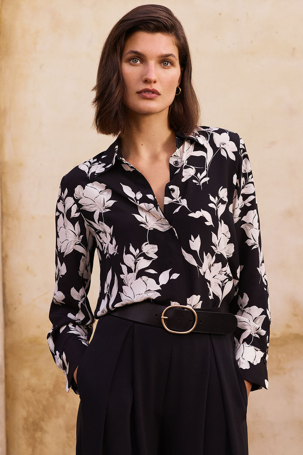 Silk Crepe Contrast Floral Print Shirt