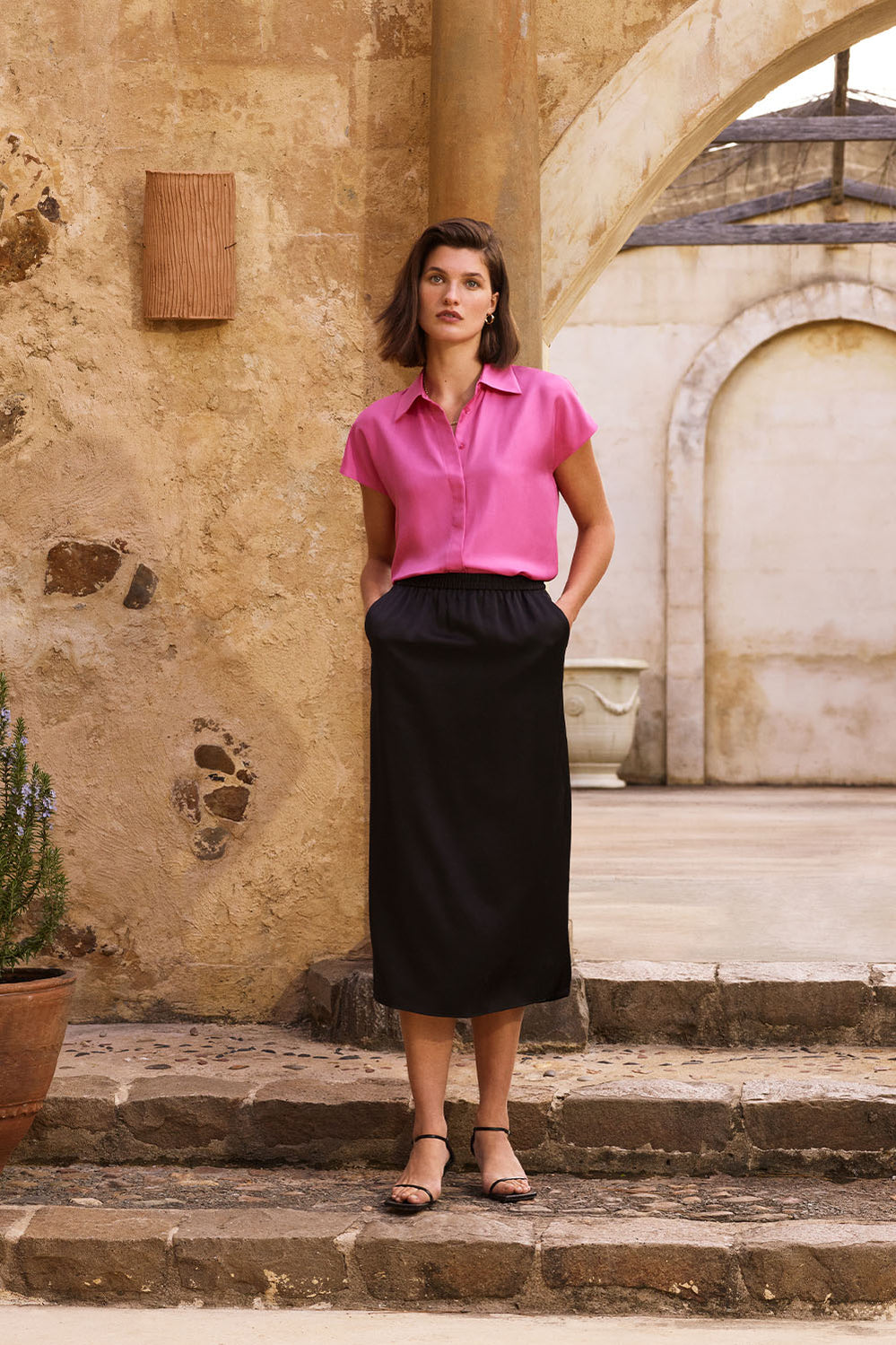 Satin Side Split Midi Skirt