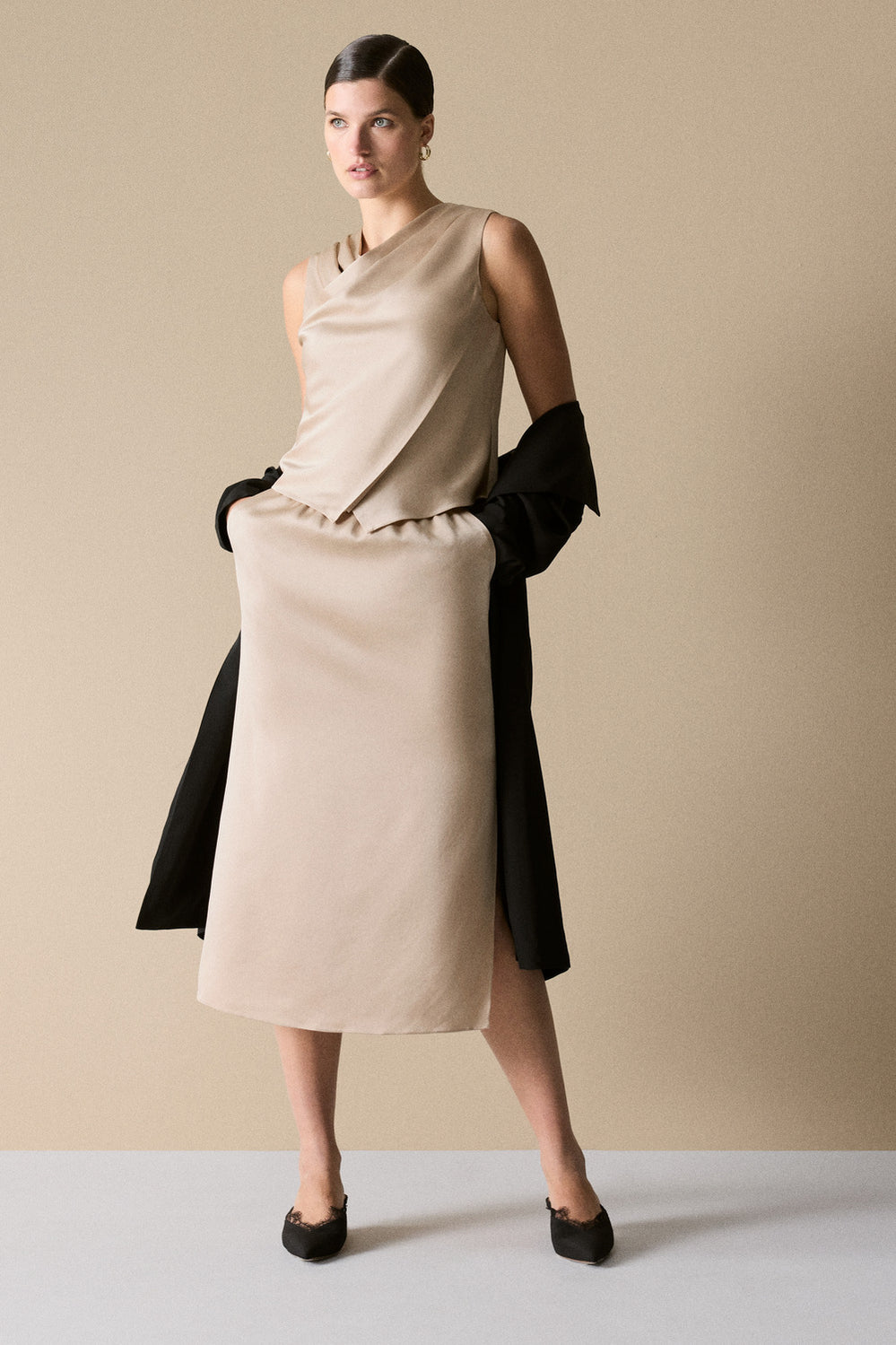 Satin Side Split Midi Skirt